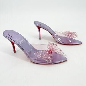 Christian Louboutin Aqua Strass PVC Pink Crystal Bow Pointed Toe Mules EU 37.5